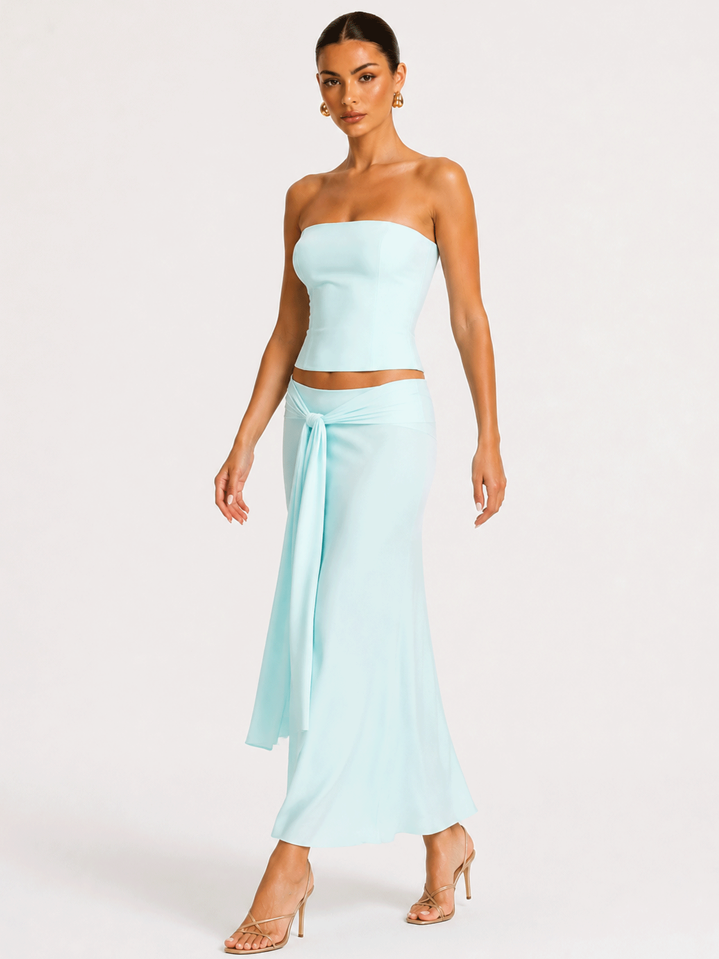 Satin Strapless Bodycon Two-piece Midi Skirt Set