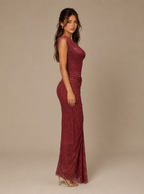 Zephrina Juliette one-shoulder embroidered lace maxi dress in burgundy