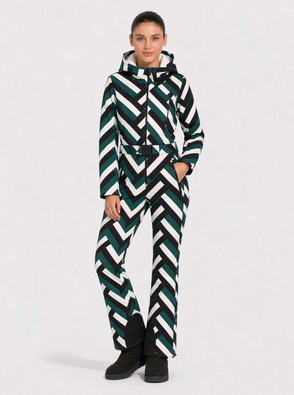Zephrina Bryony graphic print one-piece ski suit in black and white houndstooth