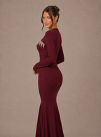 Zephrina Evangeline scalloped neckline knit maxi dress in burgundy