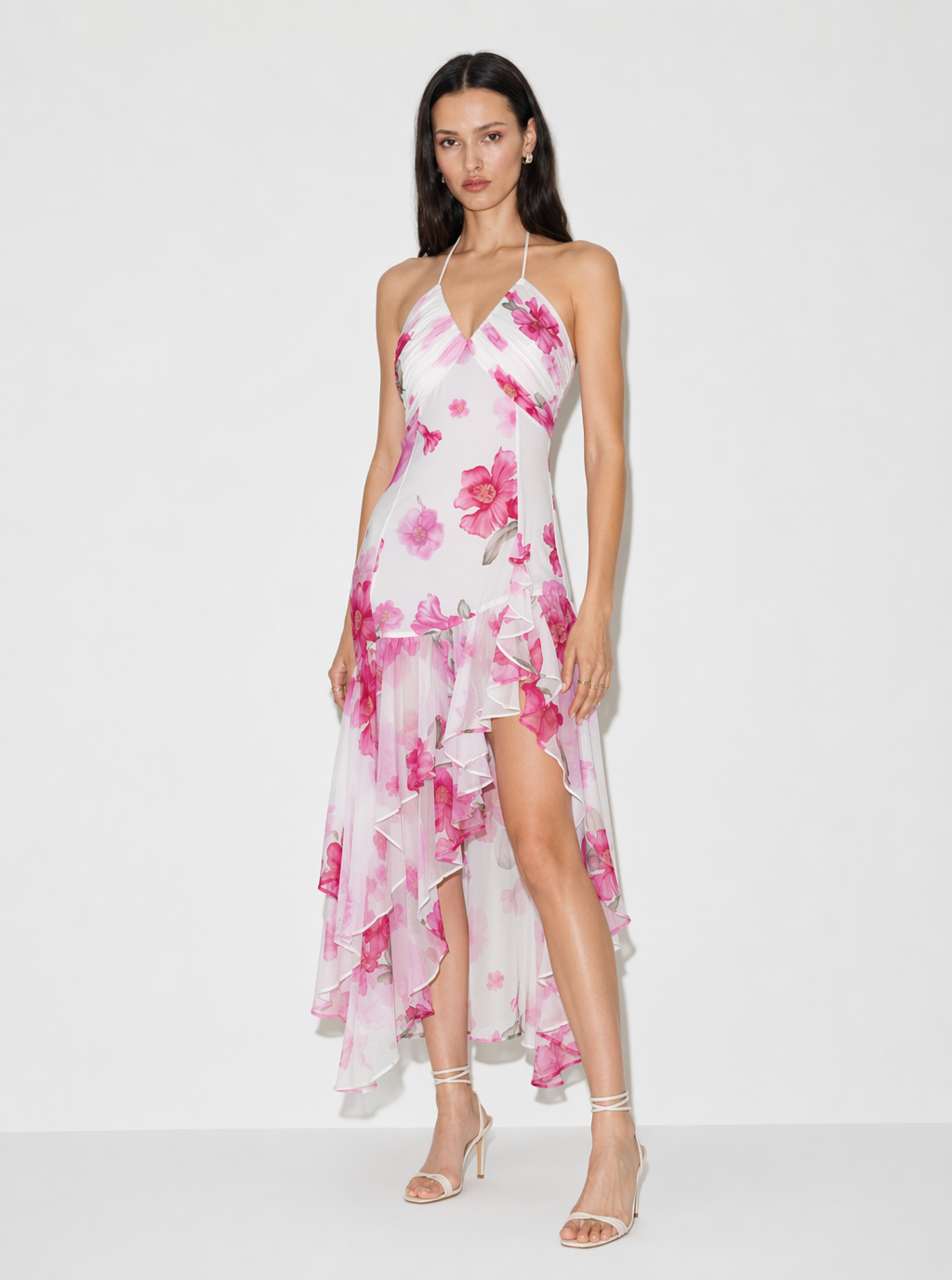 Zephrina Maribel asymmetric floral halter maxi dress in pink
