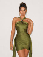 Zephrina Maristella halter drape mini dress in green
