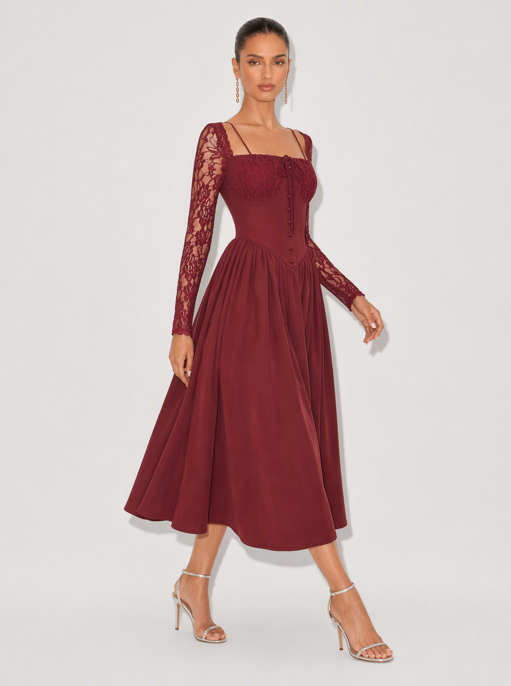 Zephrina Rowena lace sleeve midi dress in burgundy
