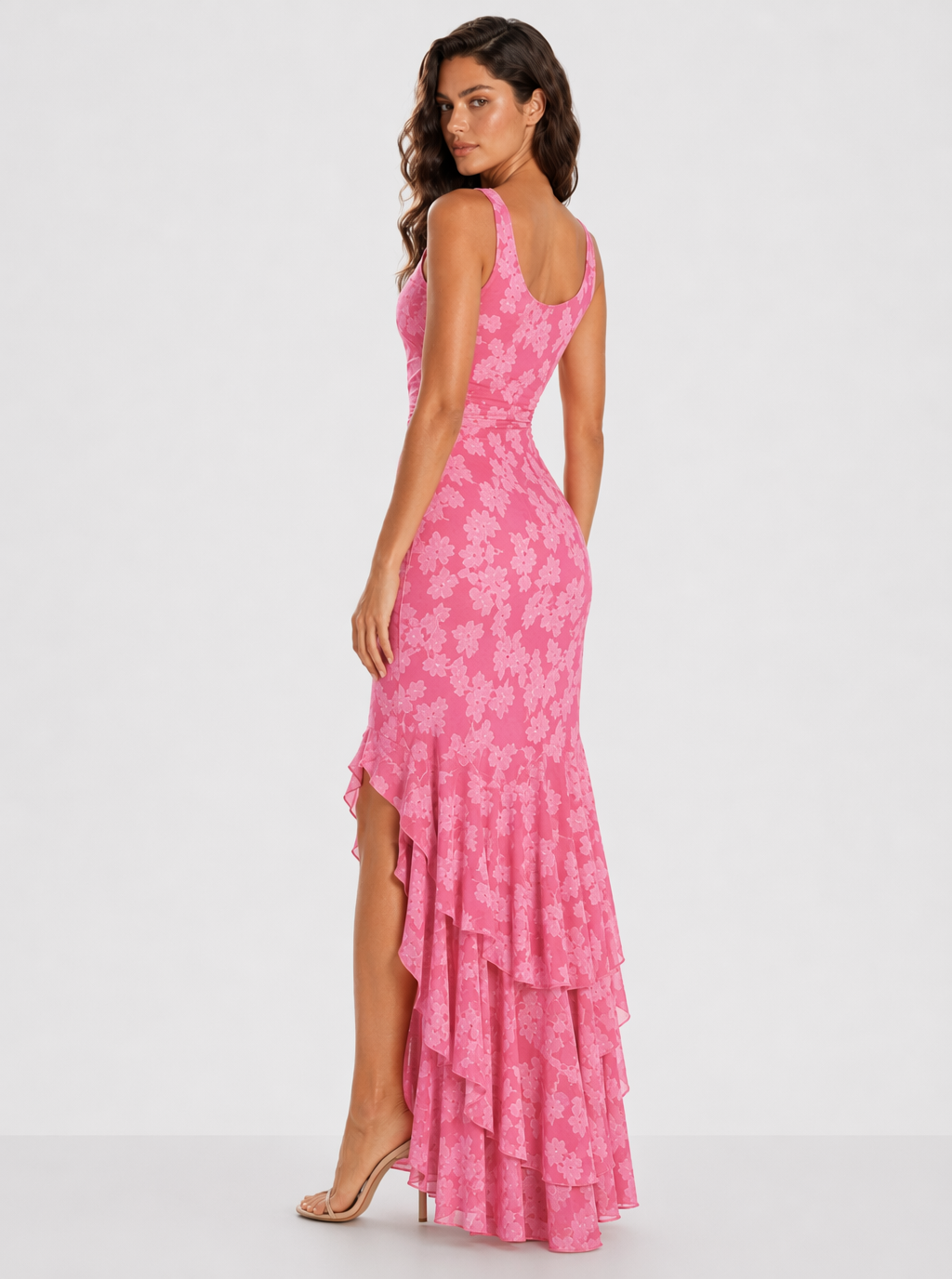 Zephrina floral-texture ruffle maxi dress in pink floral