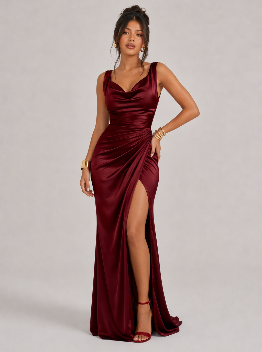 Zephrina Vivia cowl slit maxi dress in burgundy