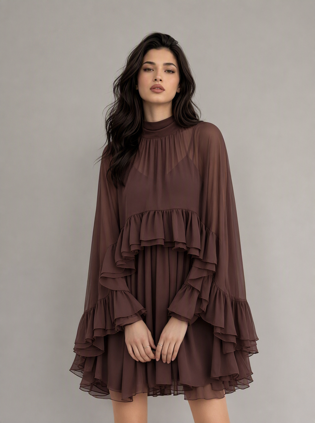Zephrina Cressida ruffle chiffon mini dress in brown