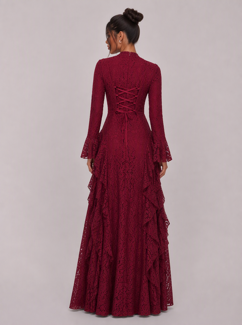 Zephrina Isolenne ruffle knit maxi dress in burgundy