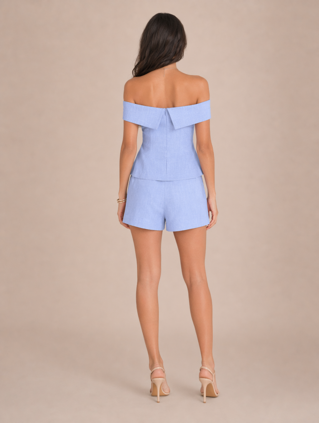 Off-the-shoulder Collared Top and High-waisted Shorts Two-piece Set