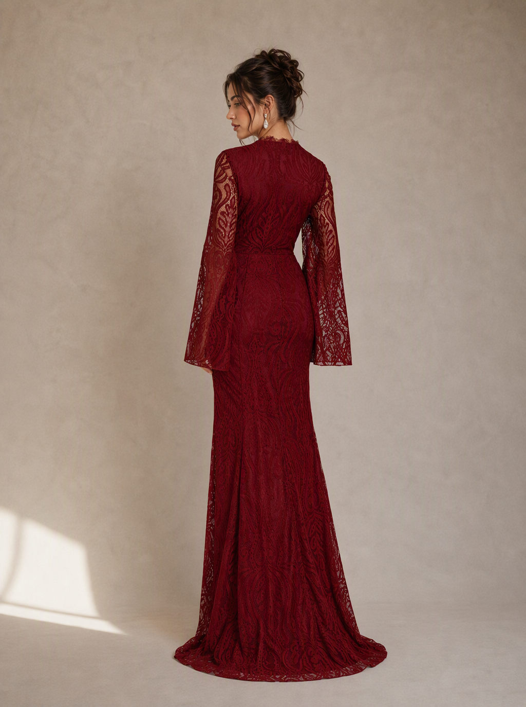 Zephrina Serafine cape-sleeve lace slit maxi dress in burgundy