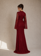 Zephrina Serafine cape-sleeve lace slit maxi dress in burgundy