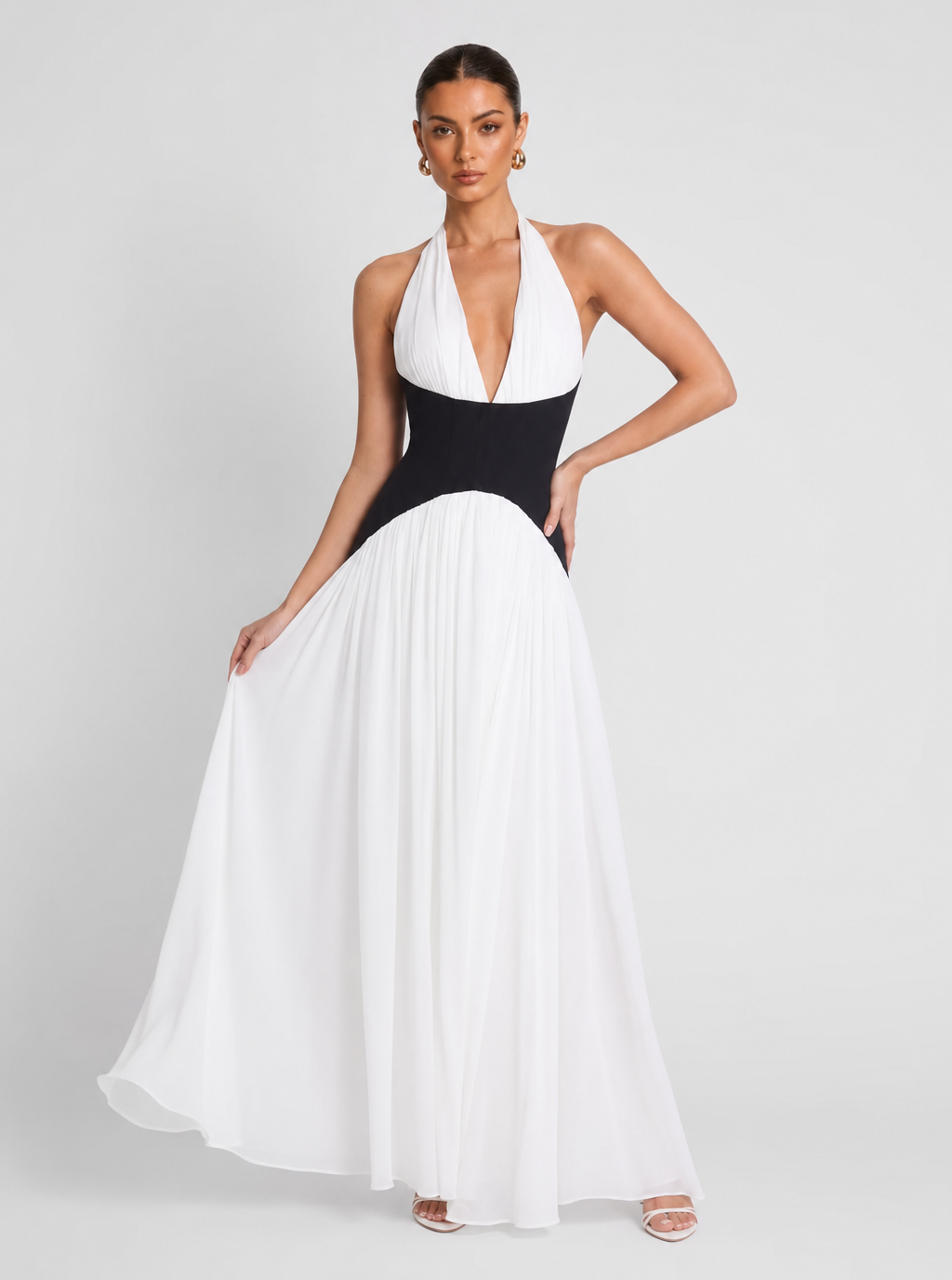 Zephrina Black White Color Block Halter Corset Chiffon Maxi Gown
