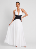 Zephrina Black White Color Block Halter Corset Chiffon Maxi Gown