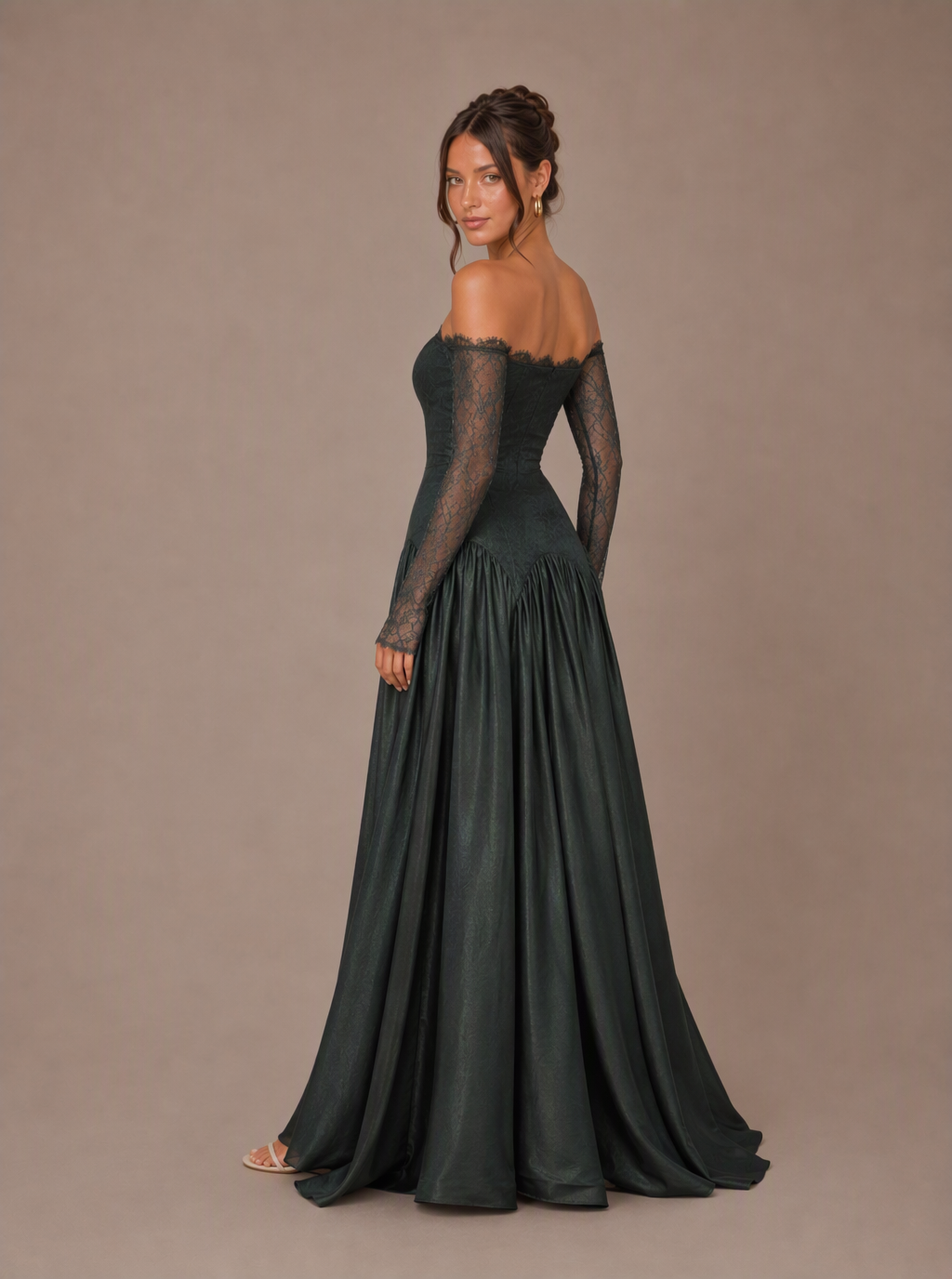 Zephrina Lavinie off-shoulder lace-sleeve velvet maxi dress in dark green