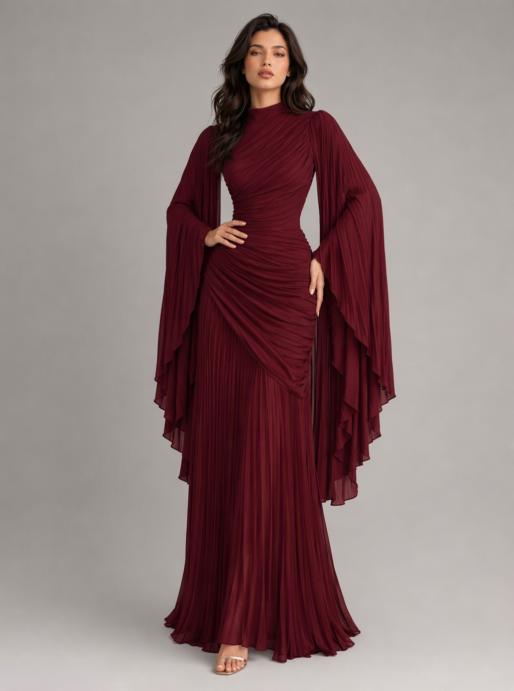 Zephrina Adelais pleated cape-sleeve maxi dress in burgundy
