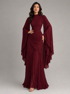 Zephrina Adelais pleated cape-sleeve maxi dress in burgundy