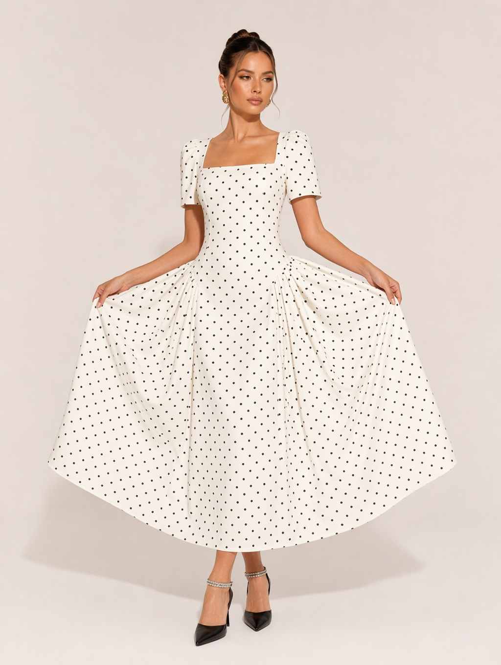White Black Polka Dot Midi Dress