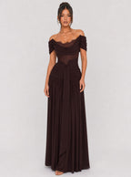 Zephrina Thessaly lace off-shoulder maxi dress in brown