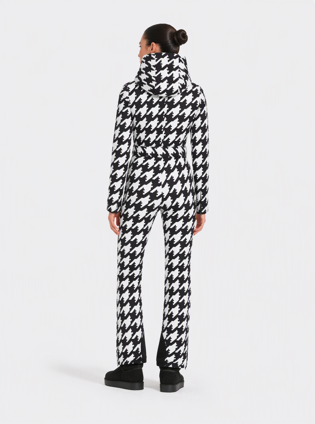 Zephrina Bryony graphic print one-piece ski suit in black and white houndstooth