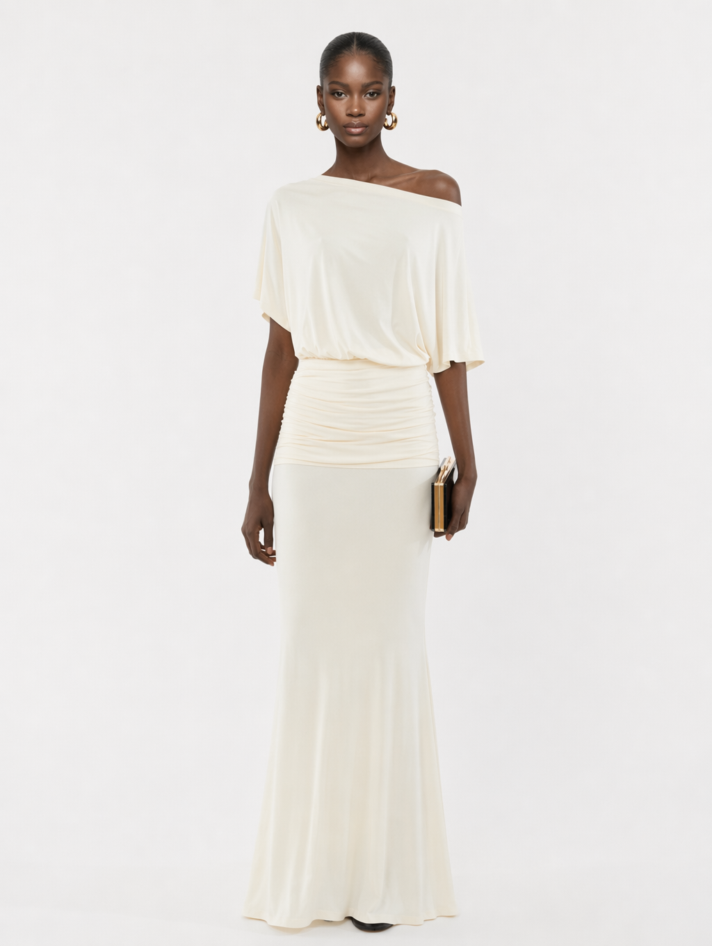 Off-the-shoulder Pleated Maxi Dress