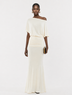 Abigail schulterfreies, gerafftes Maxikleid