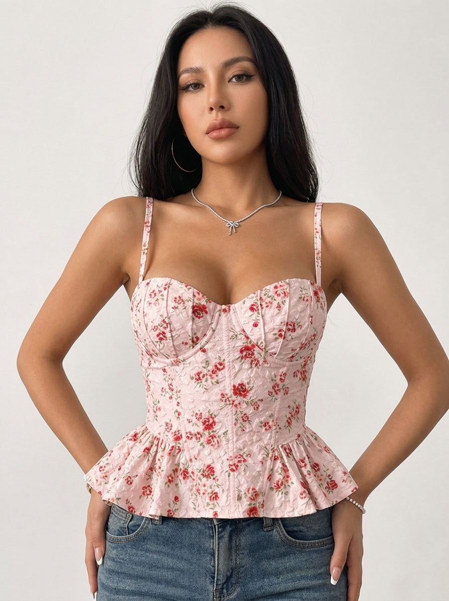 Zephrina floral peplum underwear in white with red floral print