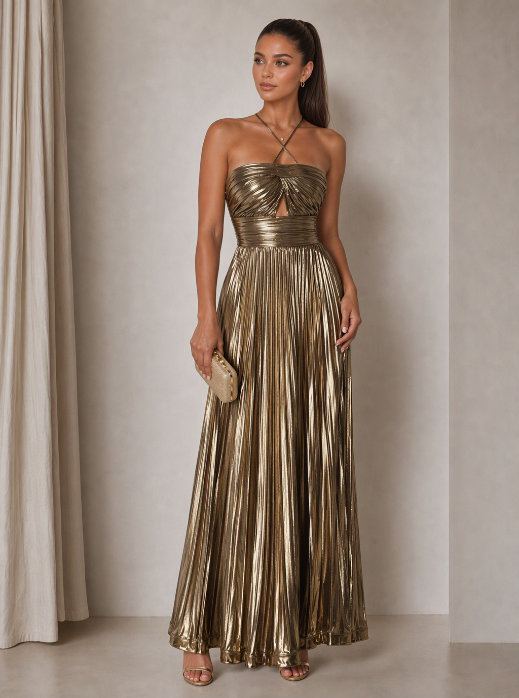 Zephrina Clarimond halter metallic pleated maxi dress in gold