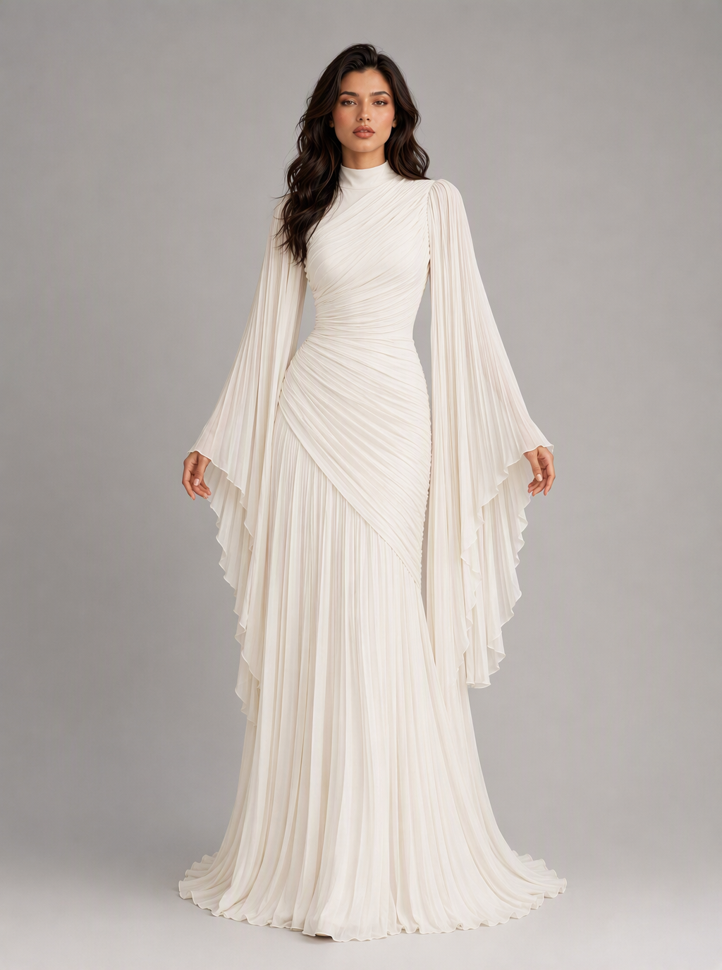 Zephrina Adelais pleated cape-sleeve maxi dress in burgundy