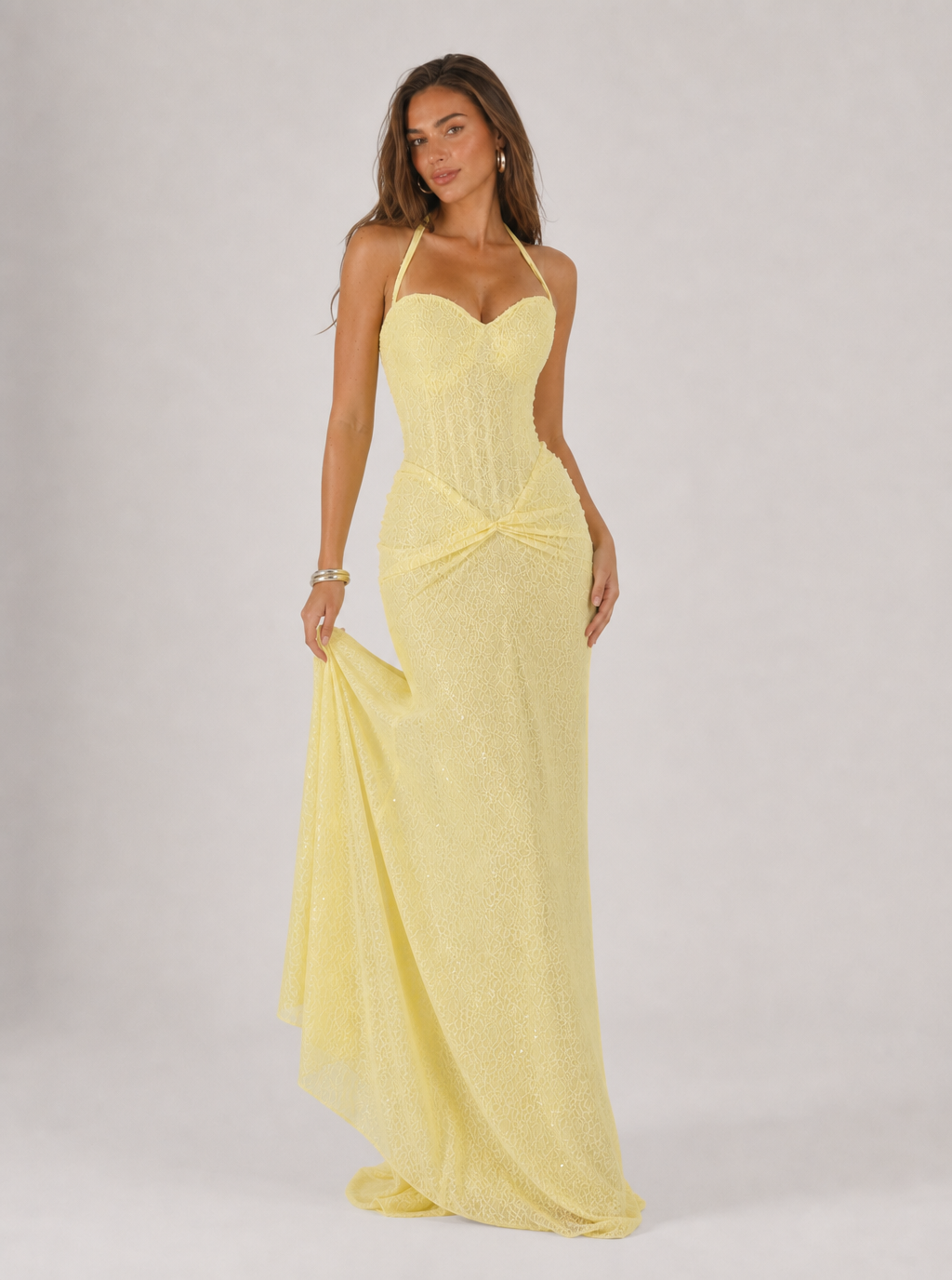 Zephrina Serelle sequin lace halter maxi dress in yellow