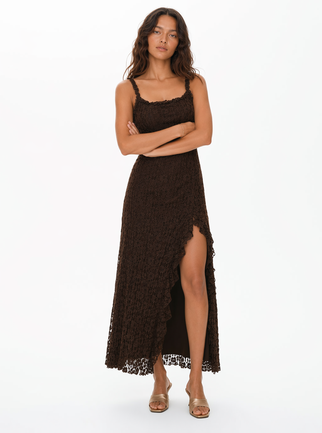 Zephrina open-back stretch lace maxi dress in coffee