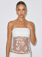 Zephrina white strapless lace column set with sheer skirt