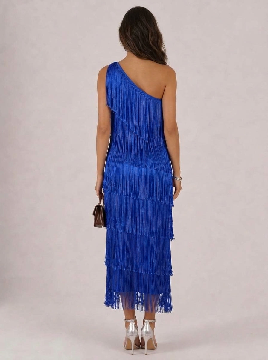 Zephrina Orielle one-shoulder fringe midi dress in royal blue