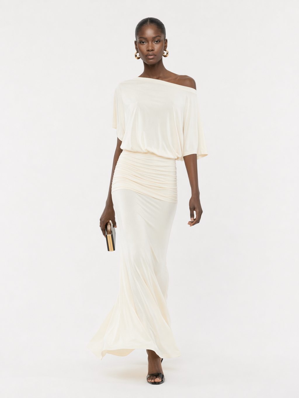Off-the-shoulder Pleated Maxi Dress