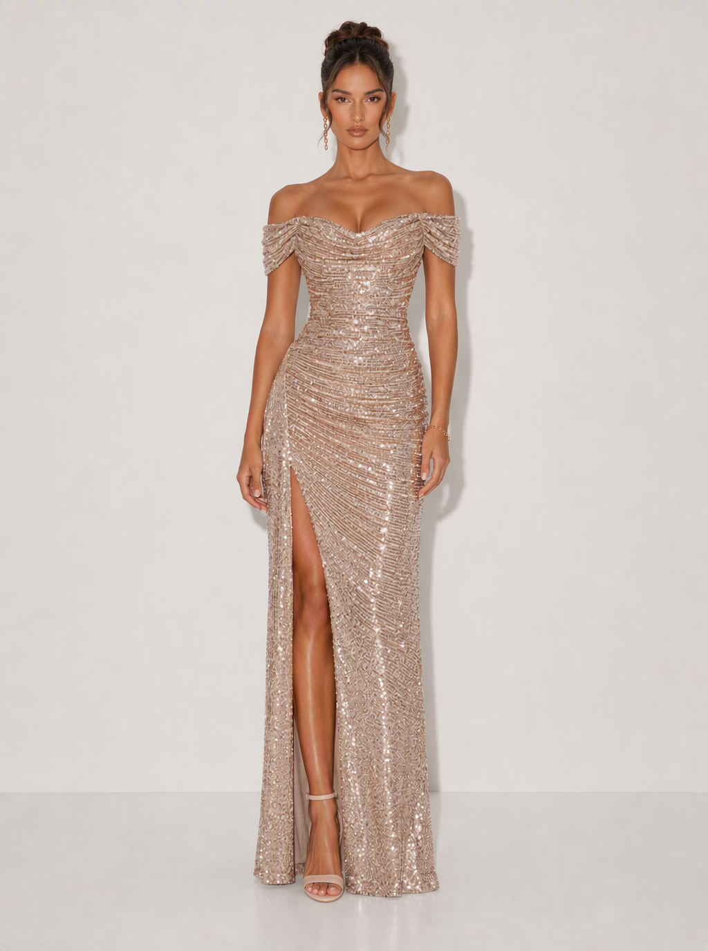 Zephrina Calanthe sequin off-shoulder maxi dress in champagne