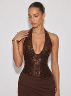 Zephrina Vesper sequin halter maxi dress in dark brown