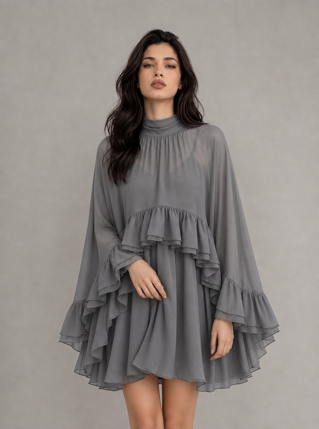 Zephrina Cressida ruffle chiffon mini dress in brown