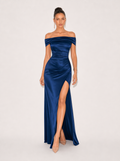 Zephrina off-shoulder satin-look slit maxi dress in navy