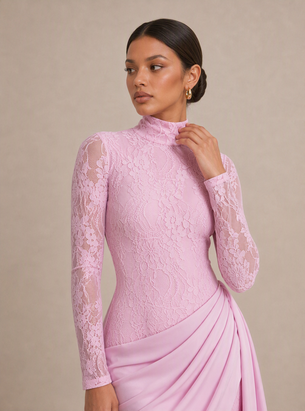 Zephrina Claudine lace drape maxi dress in pink