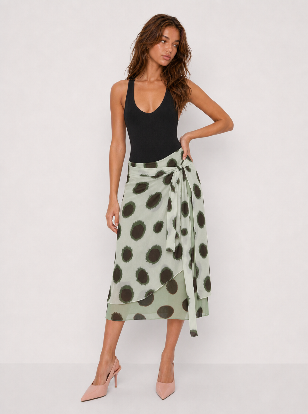 Zephrina Linnea tie-waist midi skirt in khaki