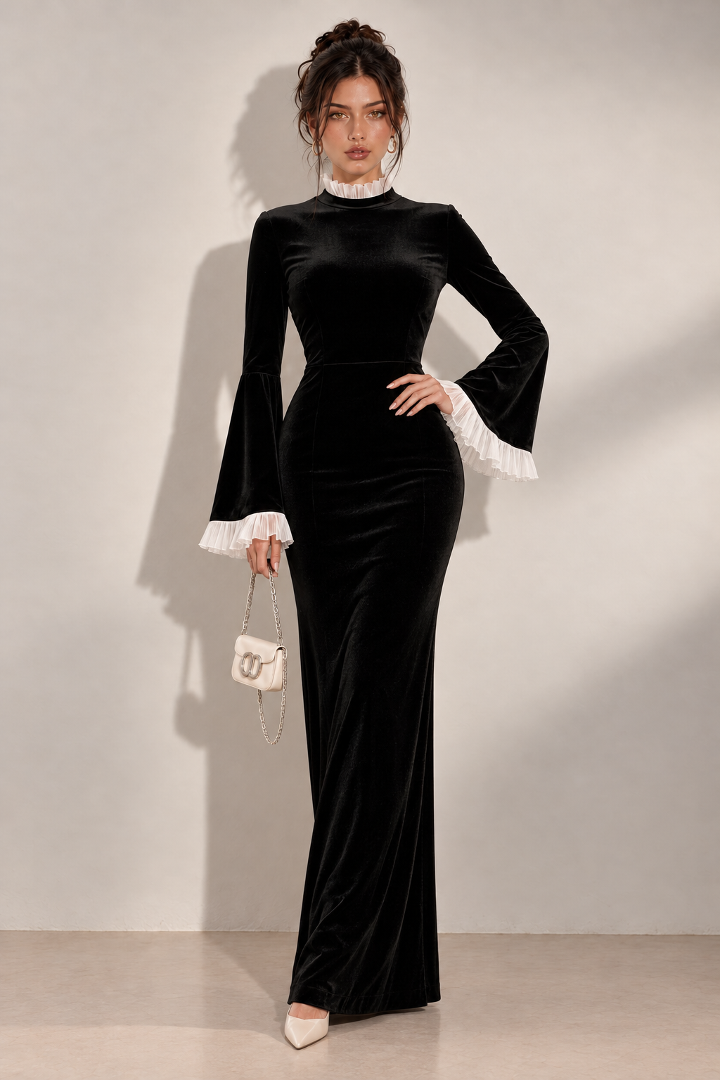 Zephrina Marcellina contrast-cuff velvet maxi dress in black