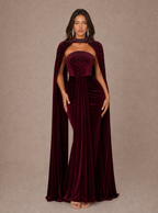 Zephrina Yseult embellished cape velvet maxi dress in burgundy
