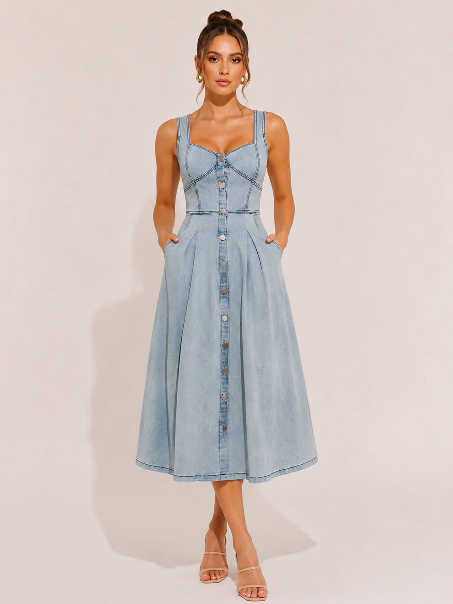 Zephrina Light Wash Denim Square Neck Midi Dress