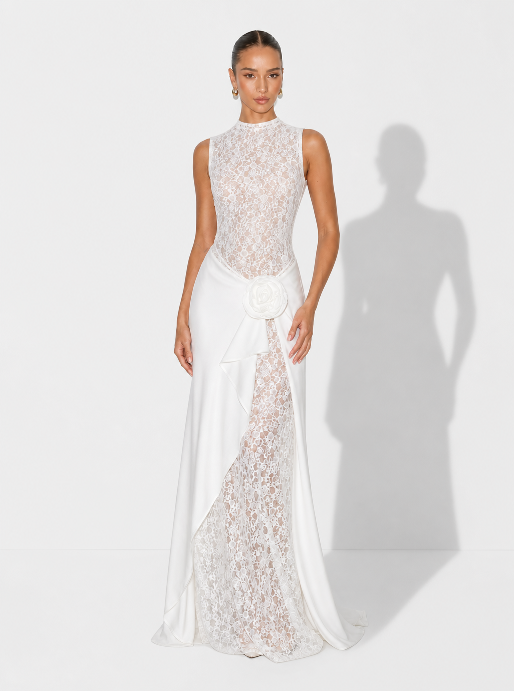 Zephrina white rosette lace-panel maxi dress with high neckline