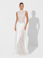 Zephrina white rosette lace-panel maxi dress with high neckline