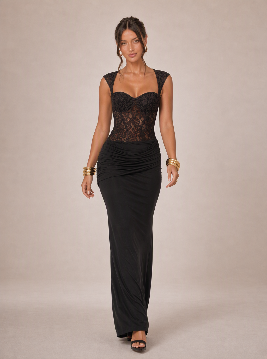 Zephrina Corisande lace-bodice maxi dress in dark brown