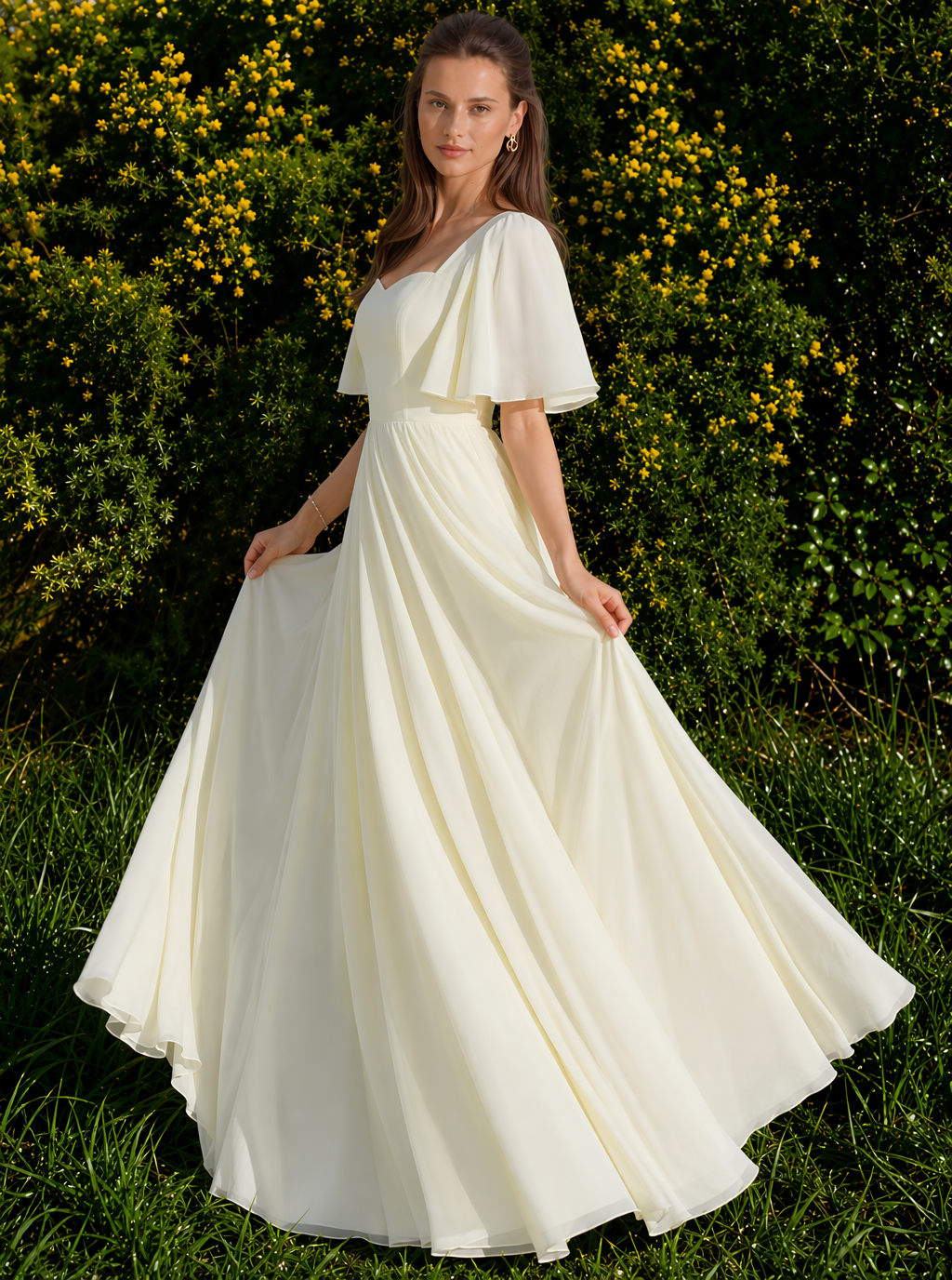 Zephrina Giselle flutter-sleeve chiffon maxi dress in yellow