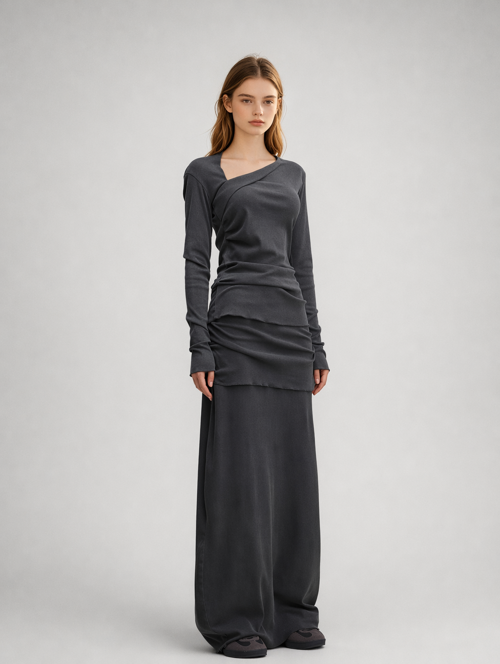 Asymmetric Off-Shoulder Long Sleeve Top & Maxi Skirt Set