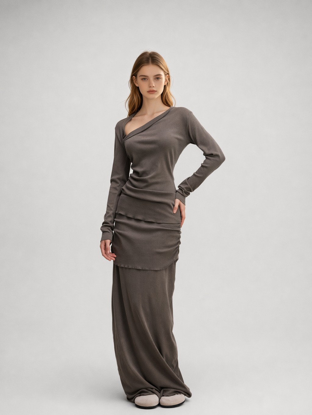 Asymmetric Off-Shoulder Long Sleeve Top & Maxi Skirt Set
