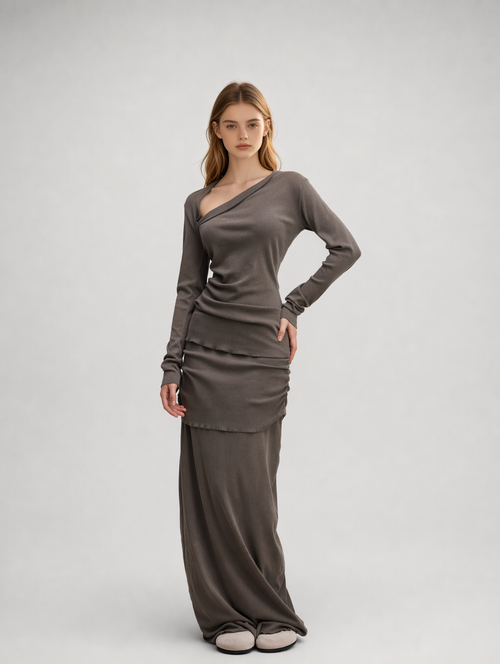 Asymmetric Off-Shoulder Long Sleeve Top & Maxi Skirt Set