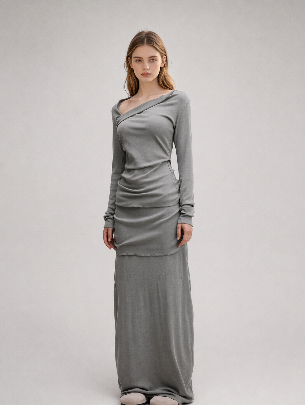 Asymmetric Off-Shoulder Long Sleeve Top & Maxi Skirt Set