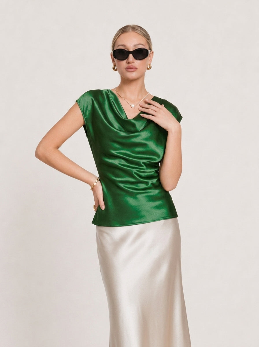 High-End Elegant Acetate Satin Cowl Neck Top